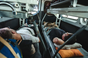 Transportation of seven patients by MSF ambulance from the hospital in Kostiantynivka, Donetsk region to the hospital in Dnipro, Dnipropetrovsk region. MSF has several ambulances that can transport multiple patients at the same time because the needs and the pressure on hospitals is so great.