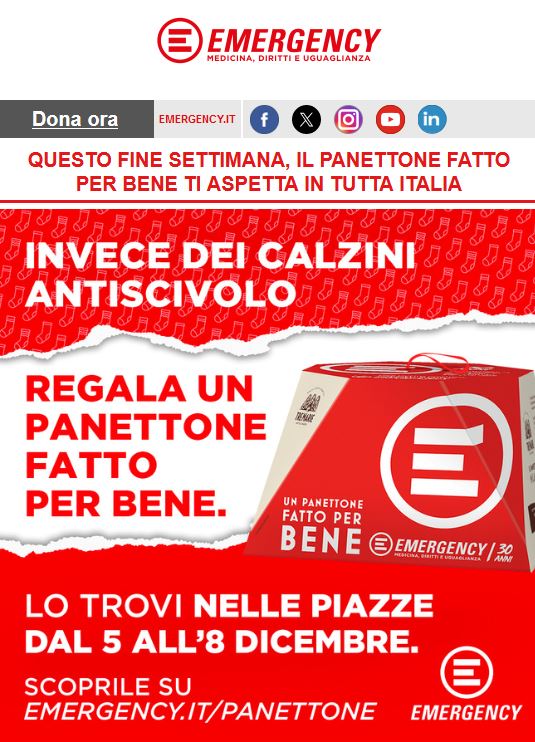  "Un Panettone Fatto per Bene" in piazza  Dal 5 all'8 dicembre 2024, il panettone solidale di EMERGENCY sarà in tutta Italia